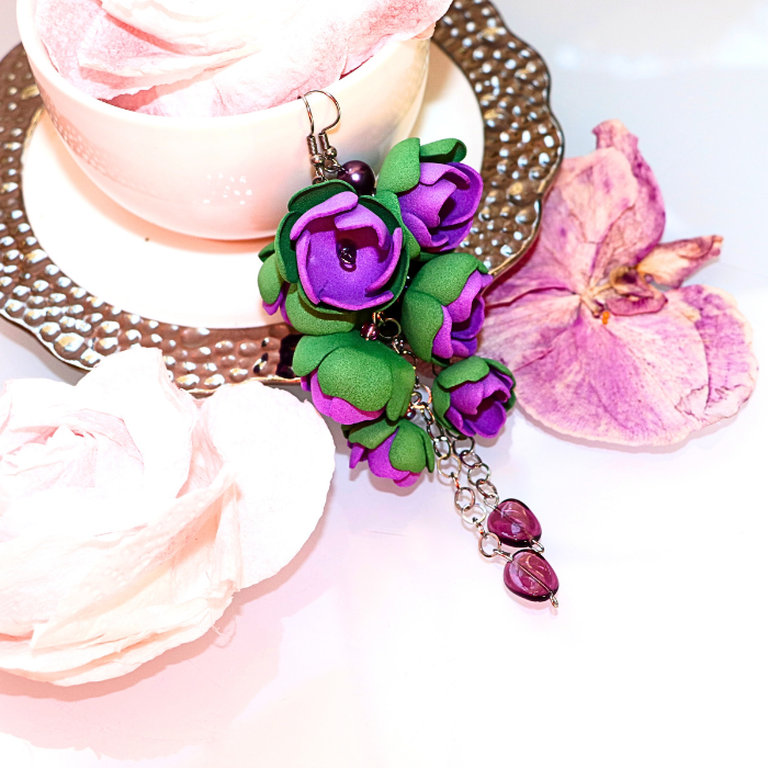 Długie Kolczyki Blossom Kwiaty zielone fioletowe