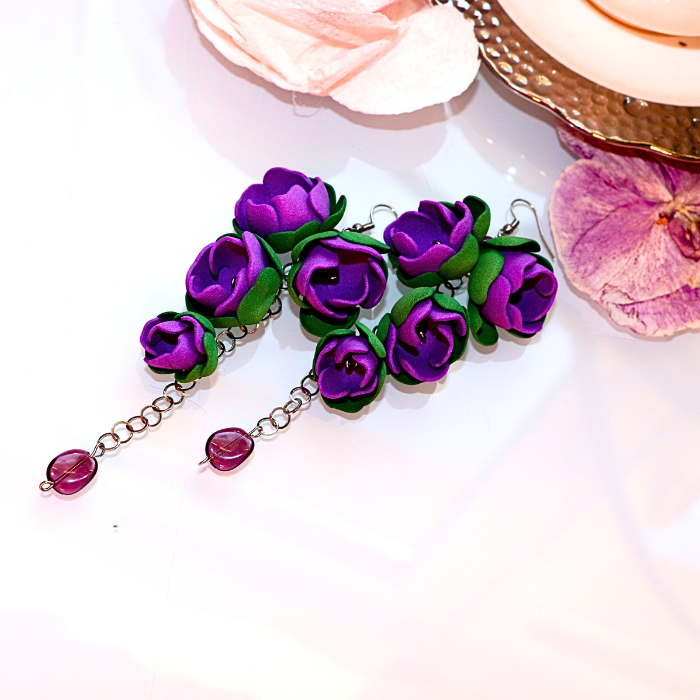 Długie Kolczyki Blossom Kwiaty zielone fioletowe